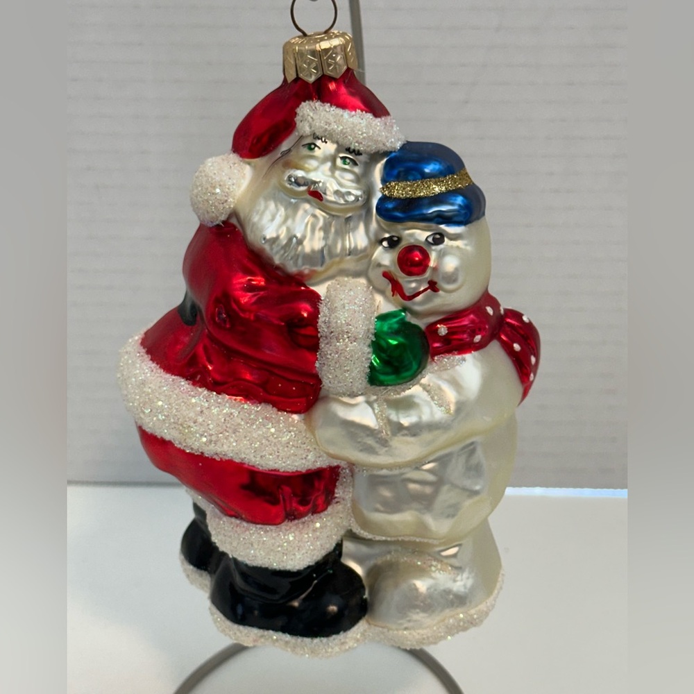 Vintage Made In Poland Glass Blown Christmas Ornament Santa Hugging A Snowman 6”